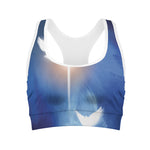 Christian Cross And White Doves Print Women's Sports Bra