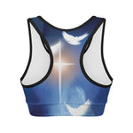 Christian Cross And White Doves Print Women's Sports Bra