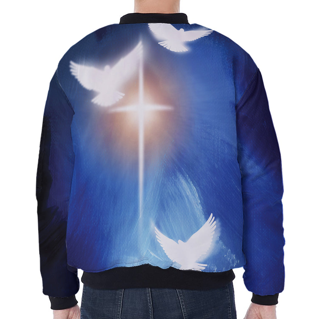 Christian Cross And White Doves Print Zip Sleeve Bomber Jacket