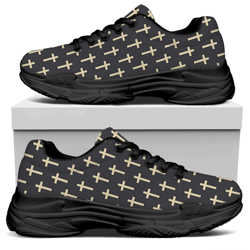 Christian Cross Pattern Print Black Chunky Shoes