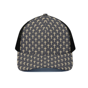 Christian Cross Pattern Print Black Mesh Trucker Cap