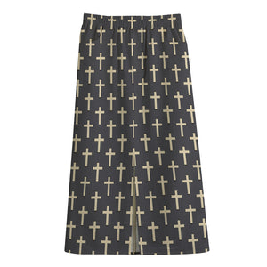 Christian Cross Pattern Print Cotton Front Slit Maxi Skirt