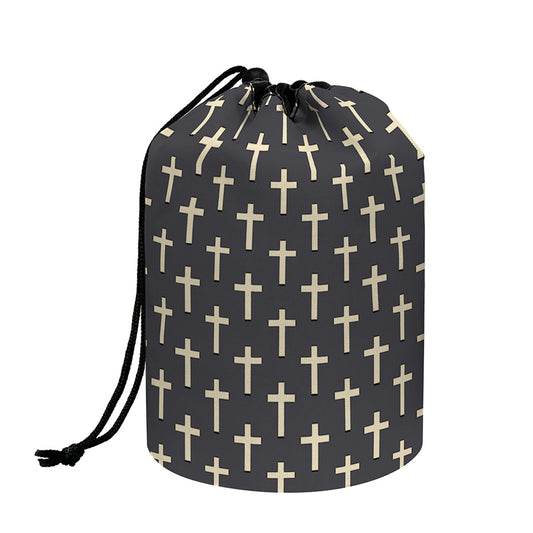 Christian Cross Pattern Print Drawstring Makeup Bag