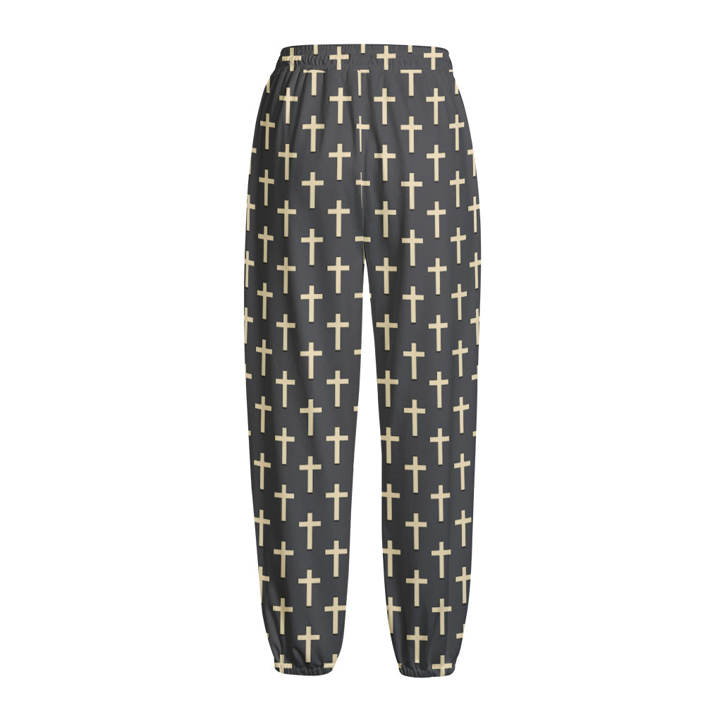 Christian Cross Pattern Print Fleece Lined Knit Pants