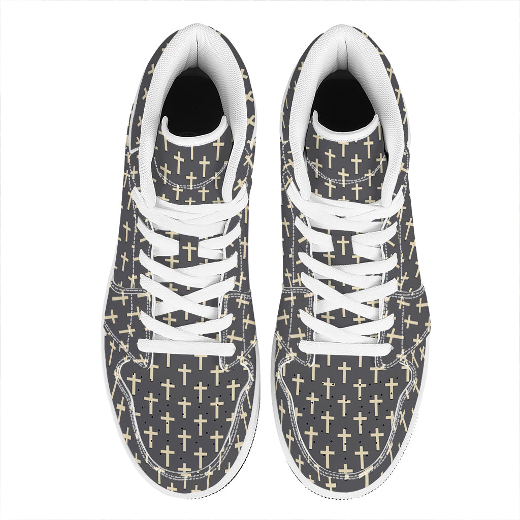 Christian Cross Pattern Print High Top Leather Sneakers