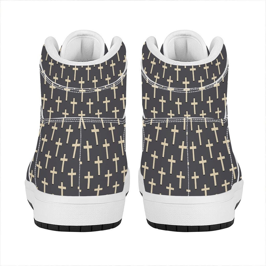 Christian Cross Pattern Print High Top Leather Sneakers