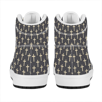Christian Cross Pattern Print High Top Leather Sneakers