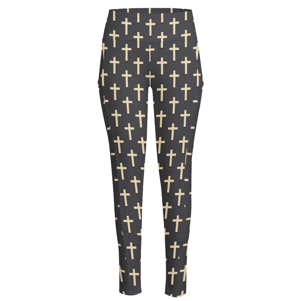 Christian Cross Pattern Print High-Waisted Pocket Leggings