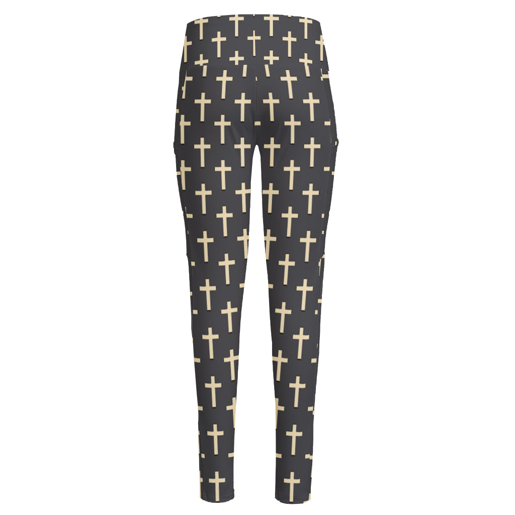 Christian Cross Pattern Print High-Waisted Pocket Leggings