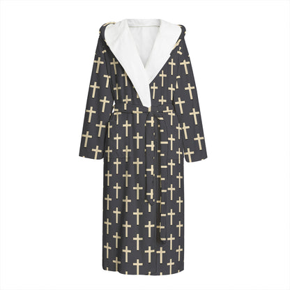 Christian Cross Pattern Print Hooded Bathrobe