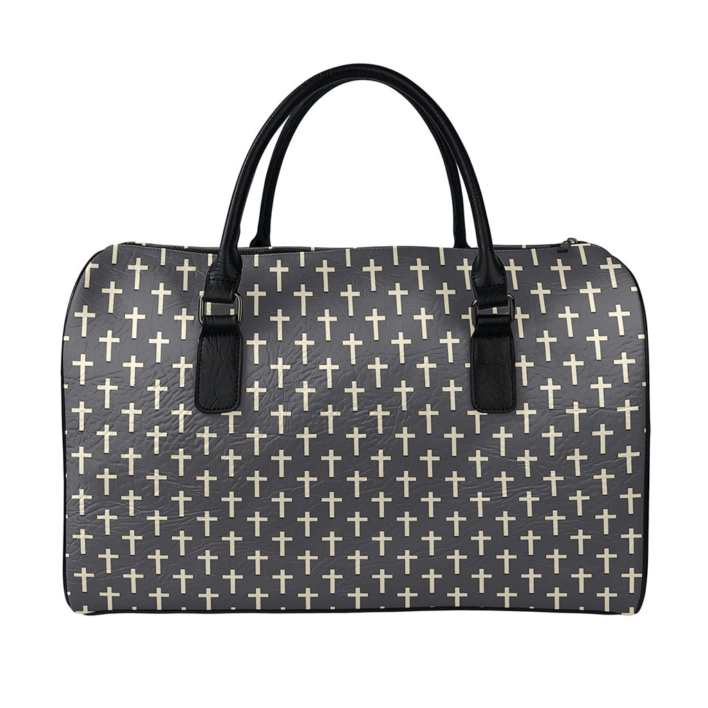 Christian Cross Pattern Print Leather Duffle Bag