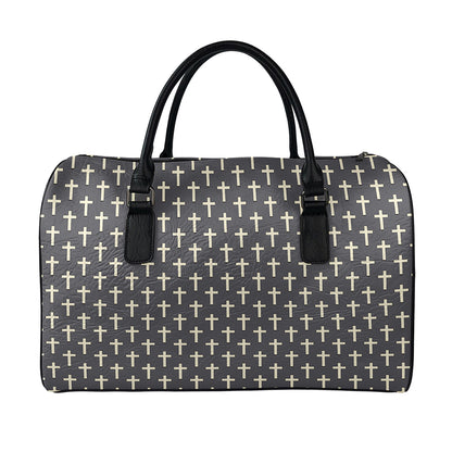 Christian Cross Pattern Print Leather Duffle Bag
