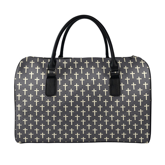 Christian Cross Pattern Print Leather Duffle Bag