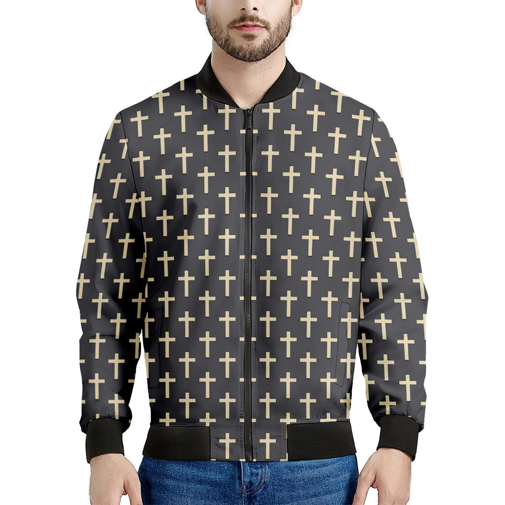 Christian Cross Pattern Print Men's Bomber Jacket