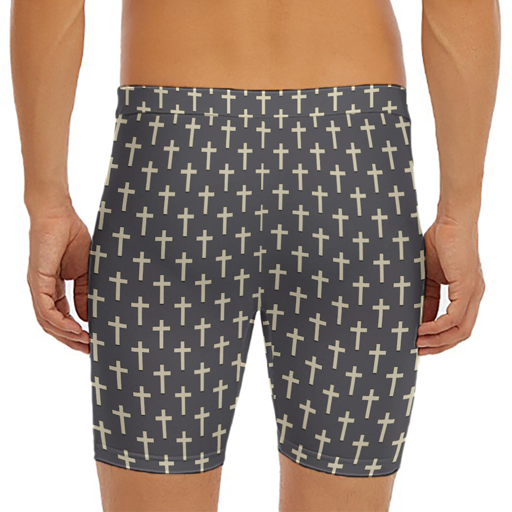 Christian Cross Pattern Print Men's Long Boxer Briefs