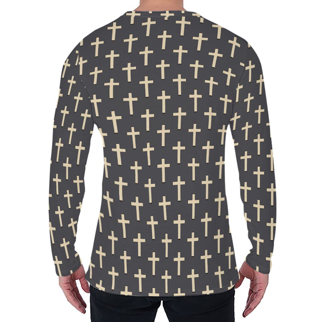 Christian Cross Pattern Print Men's Long Sleeve T-Shirt