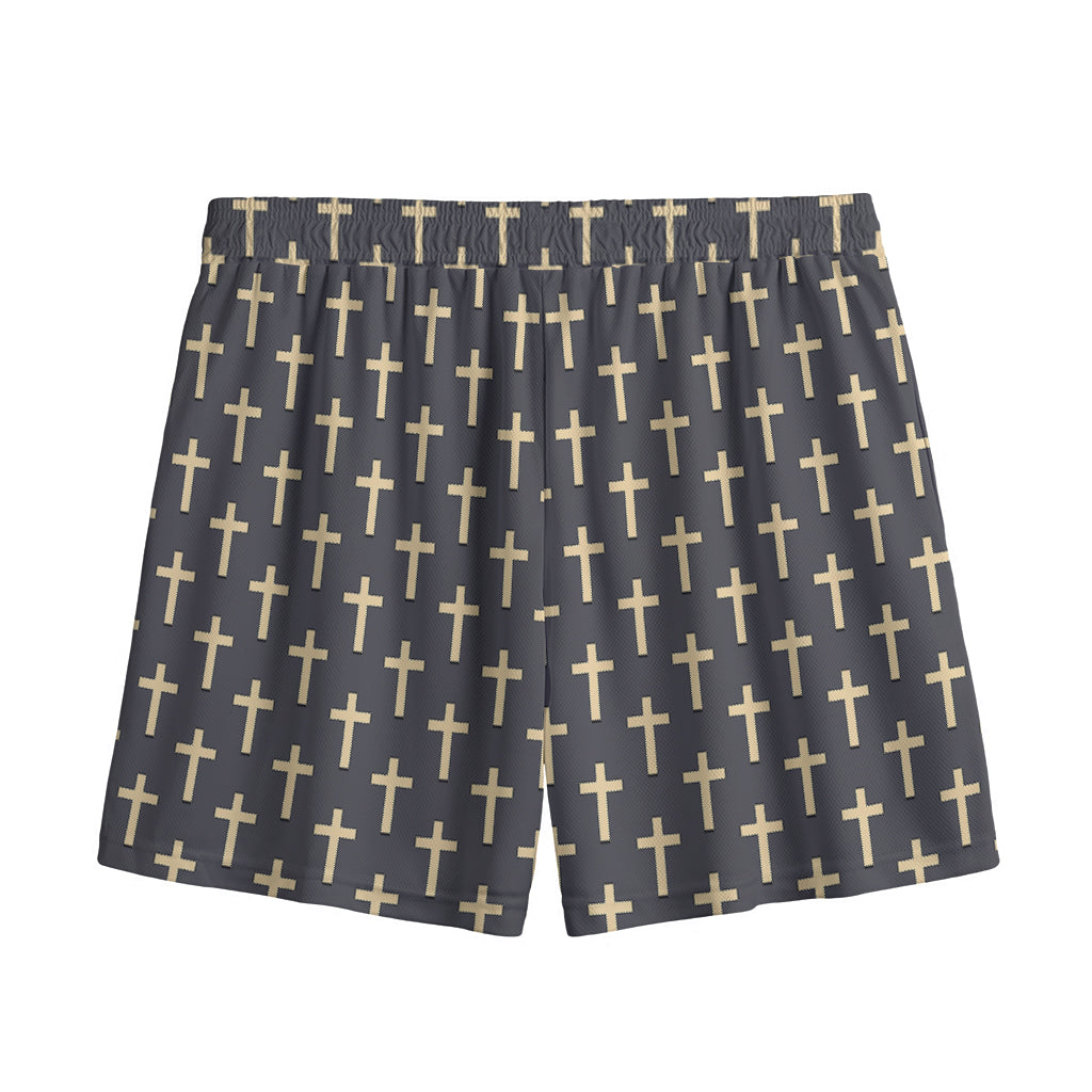 Christian Cross Pattern Print Mesh Shorts