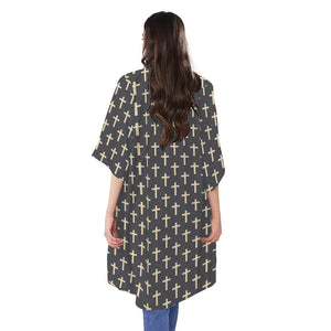 Christian Cross Pattern Print Open Front Beach Cover Up