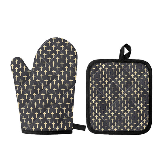 Christian Cross Pattern Print Oven Mitt And Pot Holder Set