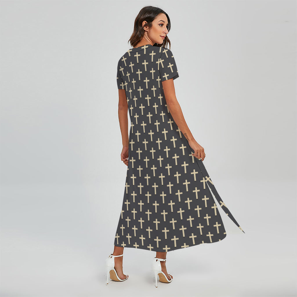 Christian Cross Pattern Print Short Sleeve Maxi Dress