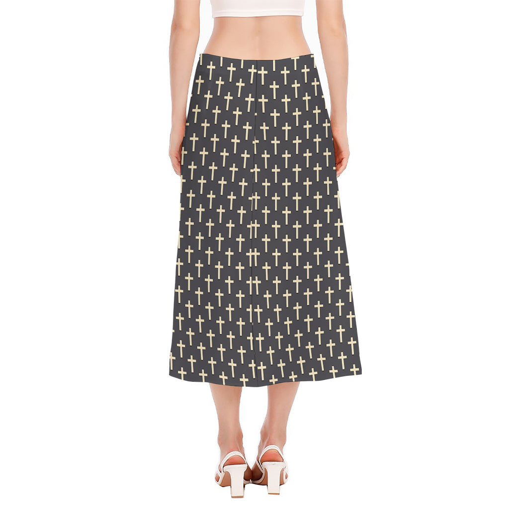 Christian Cross Pattern Print Side Slit Midi Skirt