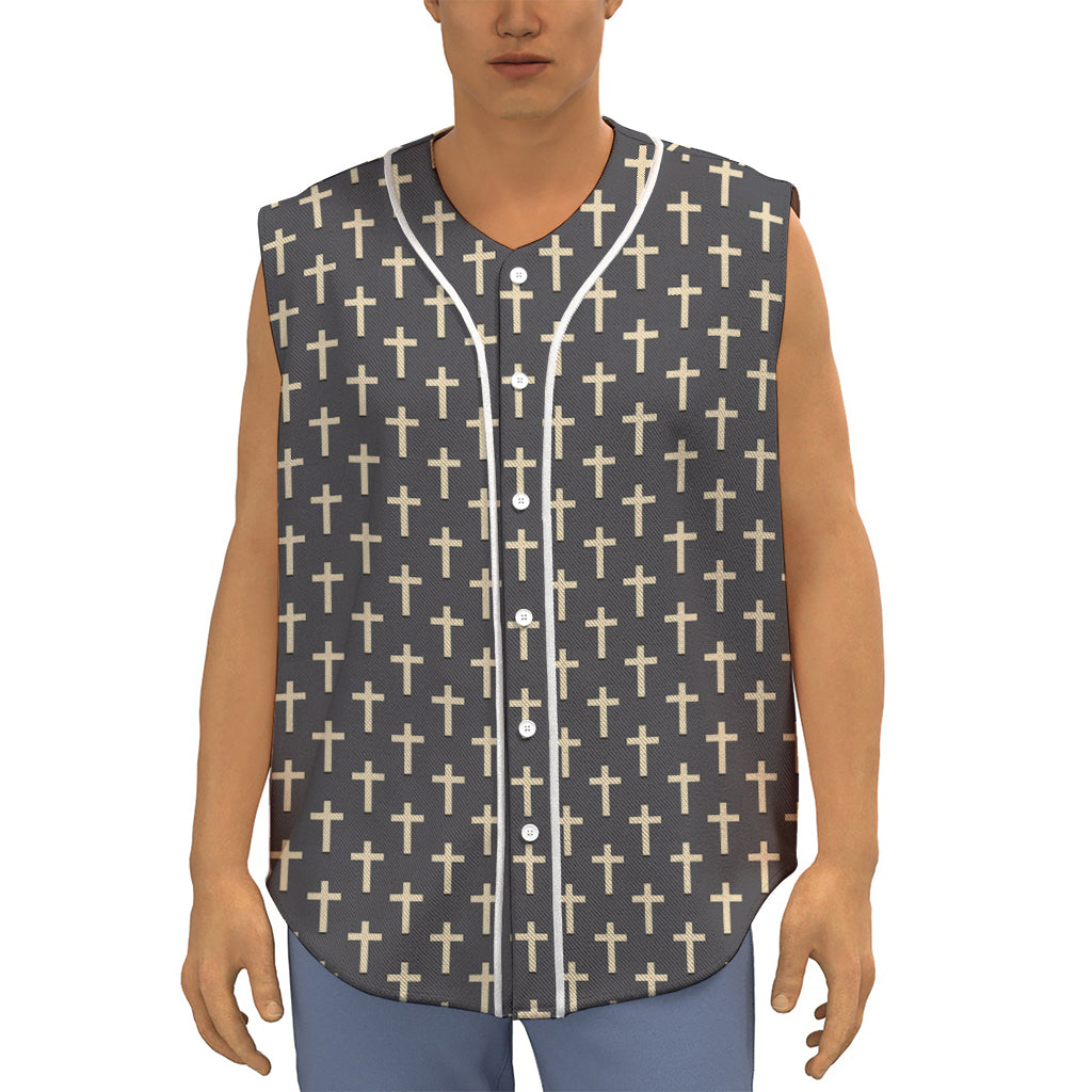 Christian Cross Pattern Print Sleeveless Baseball Jersey