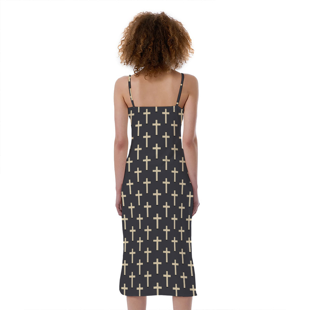 Christian Cross Pattern Print Slim Fit Midi Cami Dress