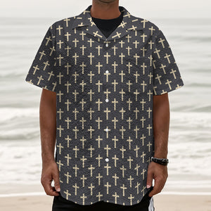 Christian Cross Pattern Print Textured Short Sleeve Shirt