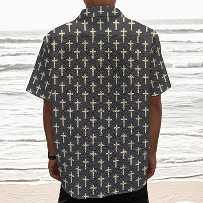 Christian Cross Pattern Print Textured Short Sleeve Shirt