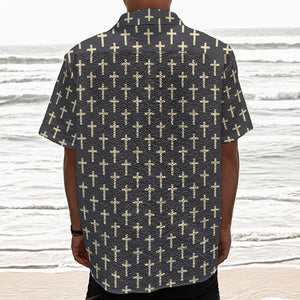 Christian Cross Pattern Print Textured Short Sleeve Shirt