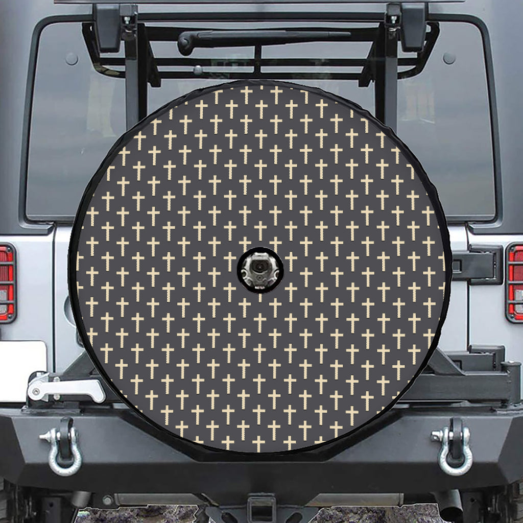 Christian Cross Pattern Print Tire Cover With Camera Hole