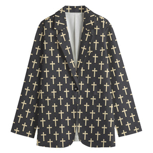 Christian Cross Pattern Print Women's Cotton Blazer