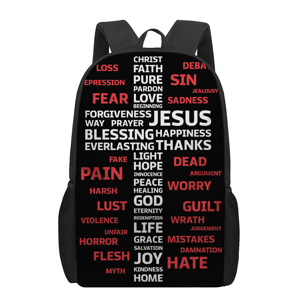 Christian Cross Religious Words Print 17 Inch Backpack