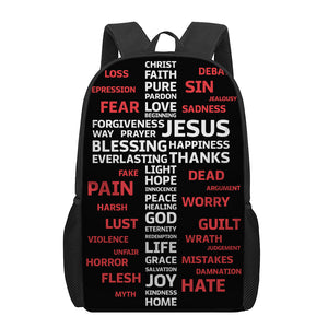 Christian Cross Religious Words Print 17 Inch Backpack