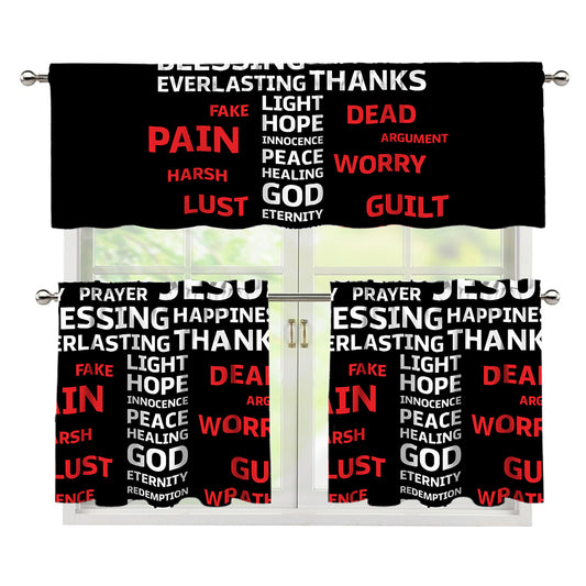 Christian Cross Religious Words Print 3 Piece Kitchen Curtains