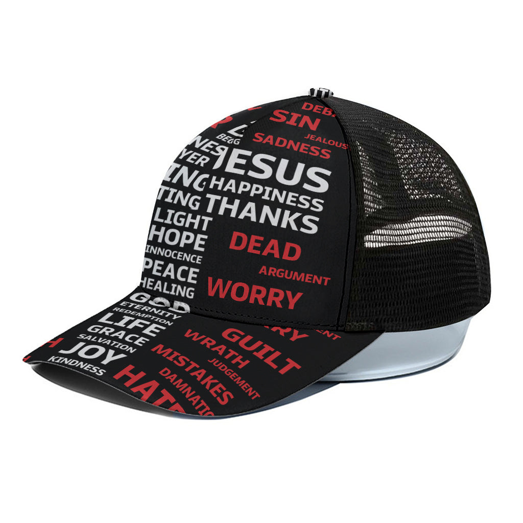 Christian Cross Religious Words Print Black Mesh Trucker Cap