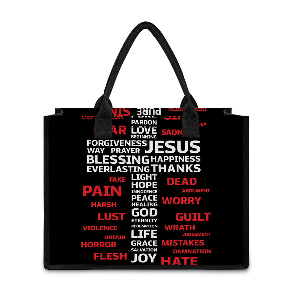 Christian Cross Religious Words Print Canvas Tote Bag