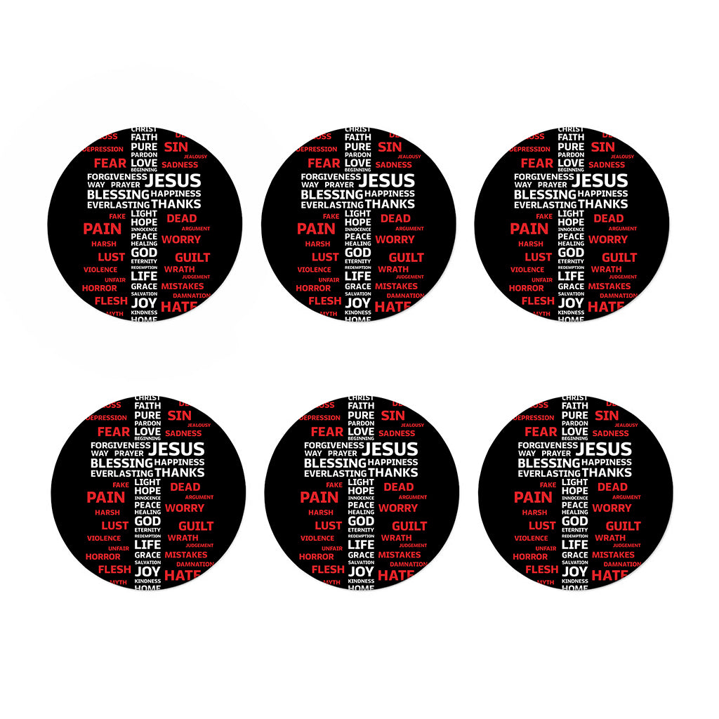 Christian Cross Religious Words Print Coaster Set