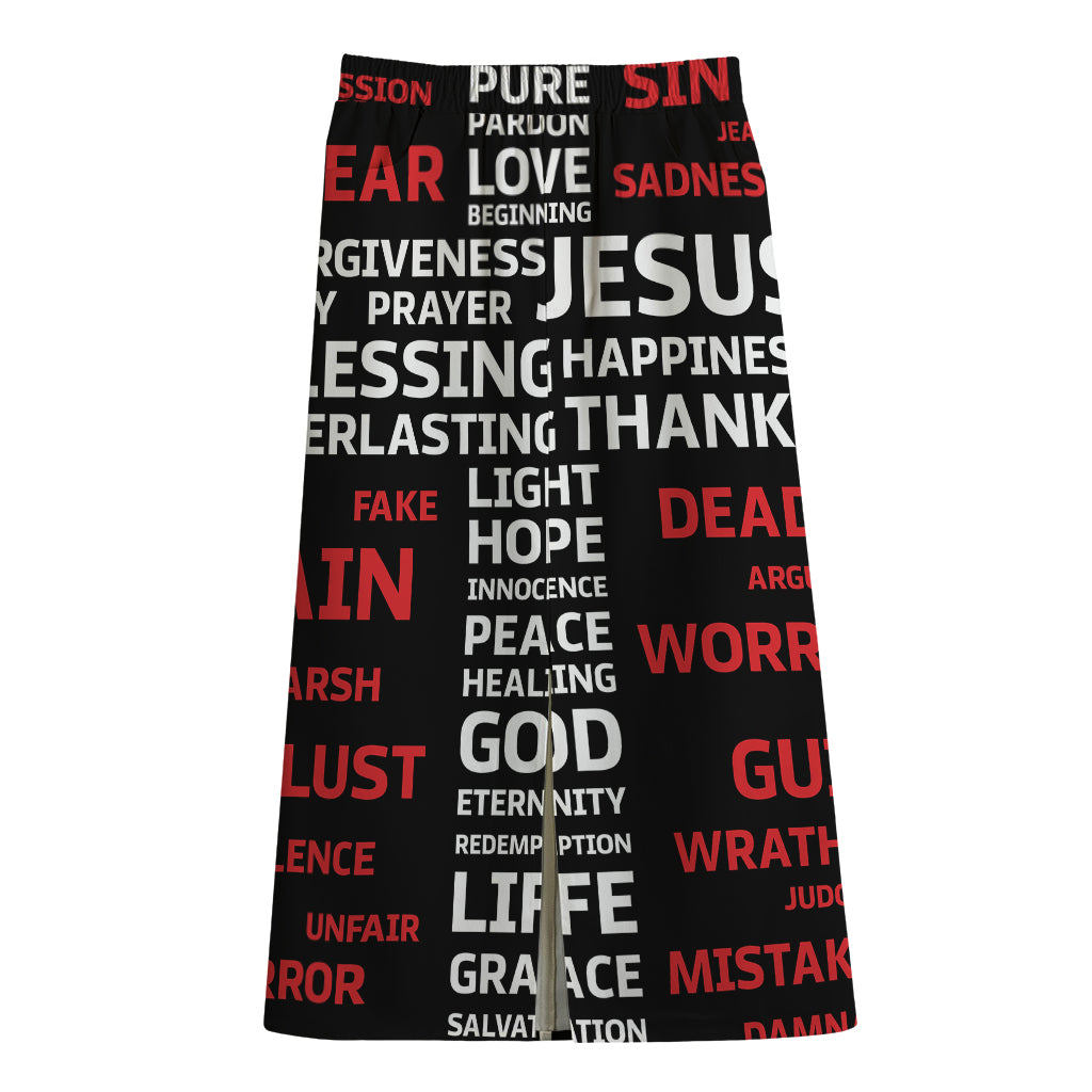 Christian Cross Religious Words Print Cotton Front Slit Maxi Skirt