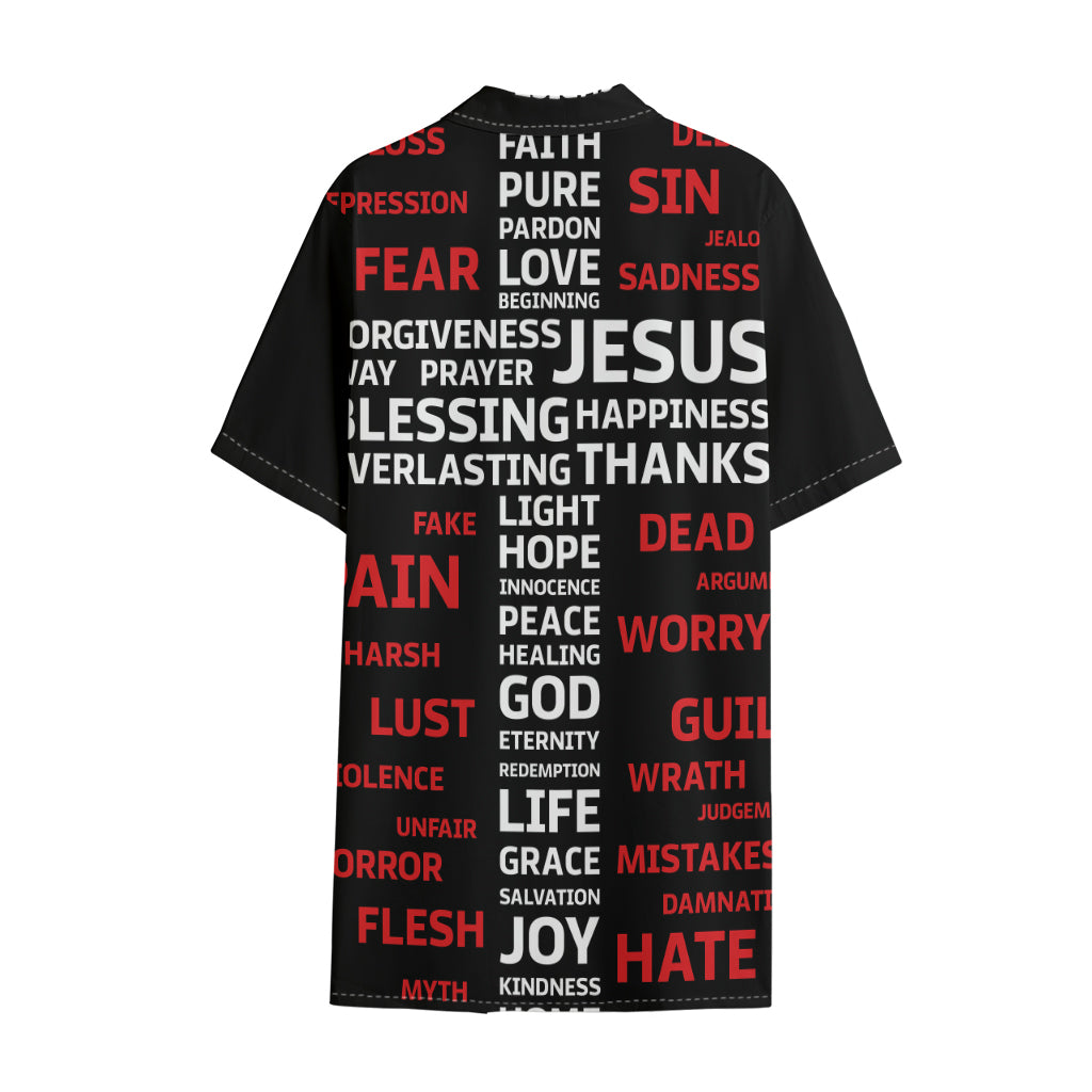 Christian Cross Religious Words Print Cotton Hawaiian Shirt