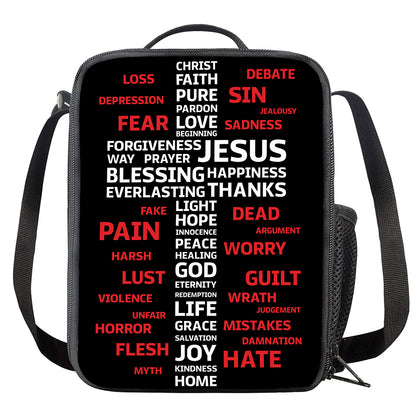 Christian Cross Religious Words Print Crossbody Lunch Bag