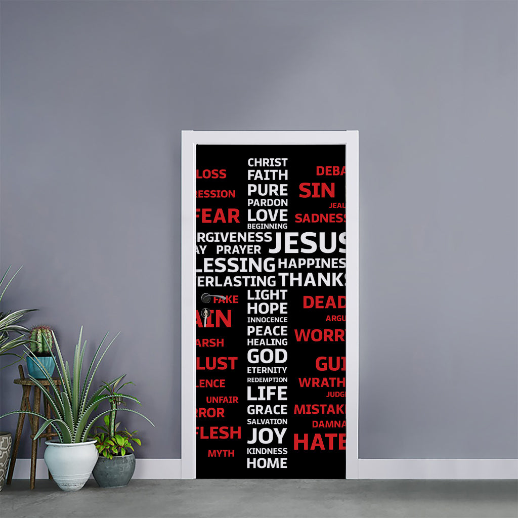 Christian Cross Religious Words Print Door Sticker