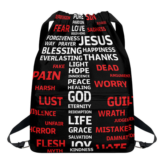 Christian Cross Religious Words Print Drawstring Backpack