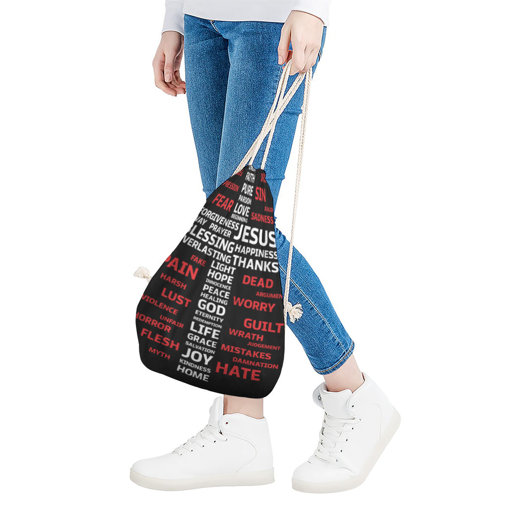 Christian Cross Religious Words Print Drawstring Bag