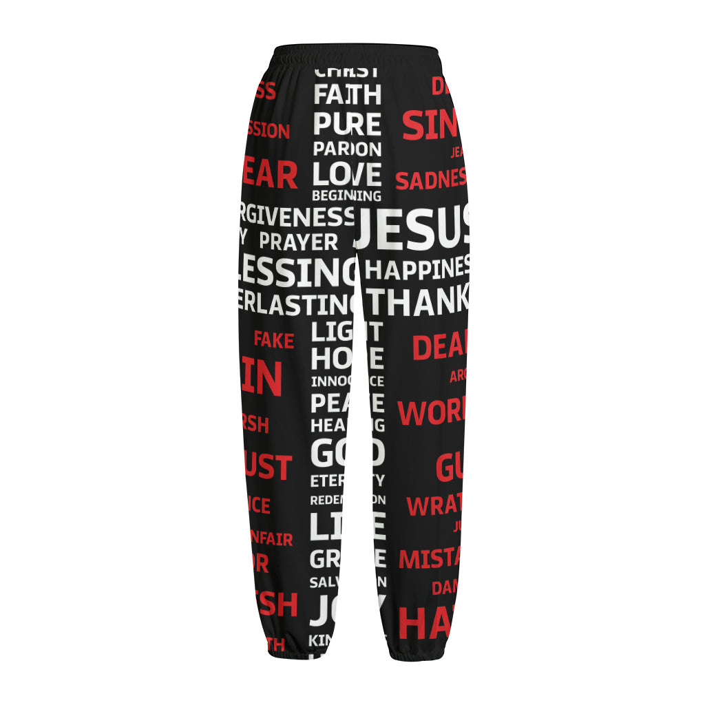 Christian Cross Religious Words Print Fleece Lined Knit Pants