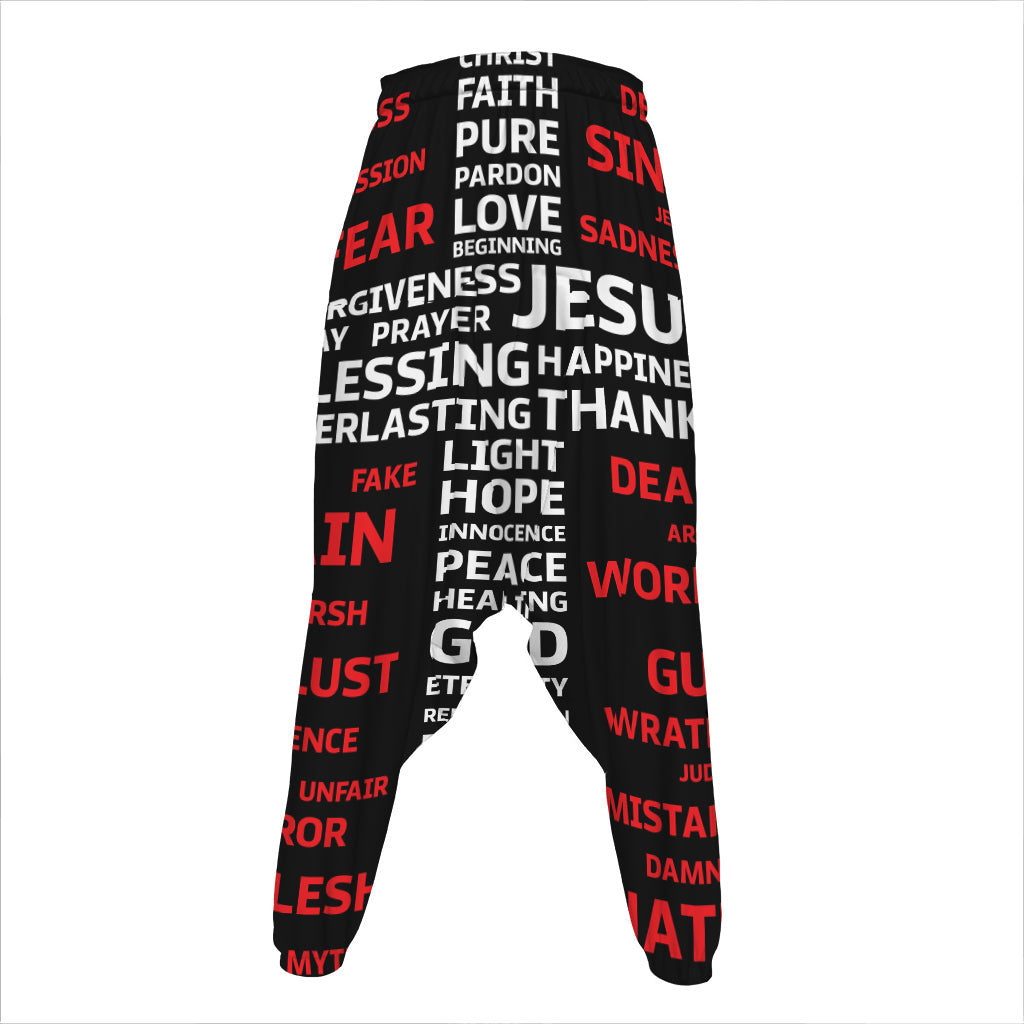 Christian Cross Religious Words Print Hammer Pants