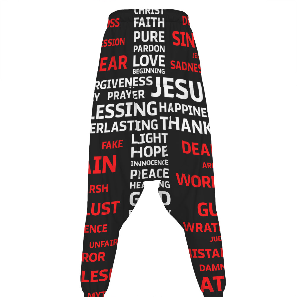 Christian Cross Religious Words Print Hammer Pants