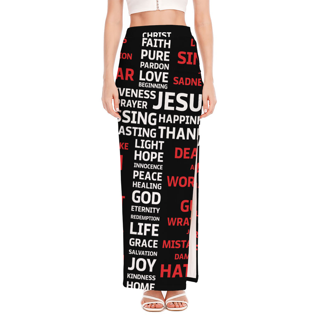 Christian Cross Religious Words Print High Slit Maxi Skirt