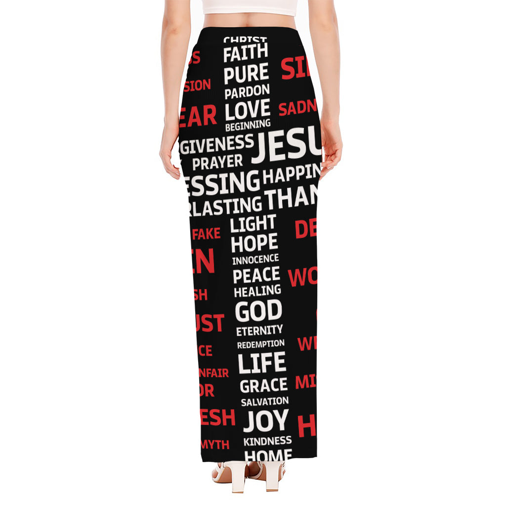 Christian Cross Religious Words Print High Slit Maxi Skirt