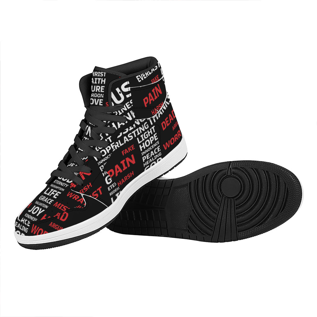 Christian Cross Religious Words Print High Top Leather Sneakers